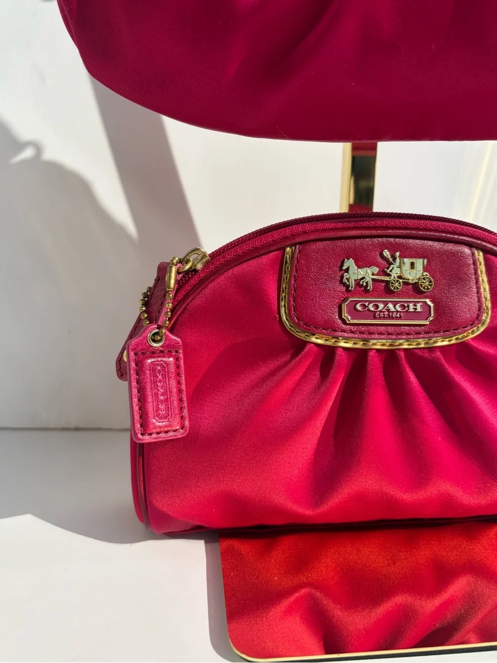 Coach Amanda Magenta Hot Pink Satin Clutch Wristlet Cosmetic Pouch Makeup Bag